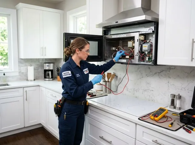 Appliance Repair Hero technician testing an over-the-range microwave in a Alief, TX kitchen